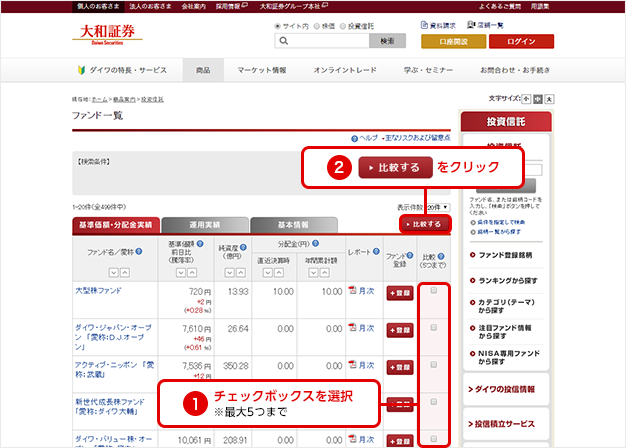1.チェックボックスを選択※最大5つまで 2.比較する をクリック