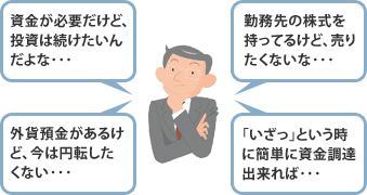資金が必要だけど、投資は続けたいんだよな・・・ 勤務先の株式を持ってるけど、売りたくないな・・・ 外貨預金があるけど、今は円転したくない・・・ 「いざっ」という時に簡単に資金調達出来れば・・・