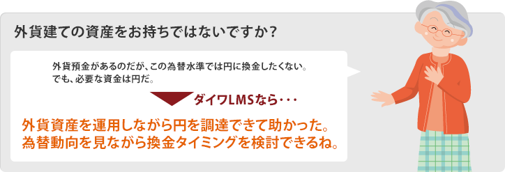 外貨建ての資産をお持ちではないですか? 外貨預金があるのだが、この為替水準では円に換金したくない。でも、必要な資金は円だ。 ダイワLMSなら・・・ 外貨資産を運用しながら円を調達できて助かった。為替動向を見ながら換金タイミングを検討できるね。