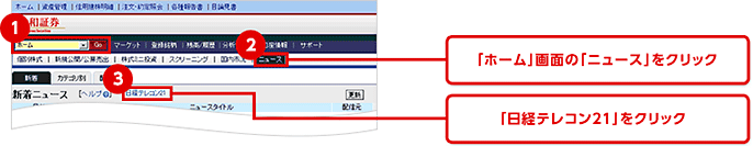 「ホーム」画面の「ニュース」をクリック、「日経テレコン21」をクリック