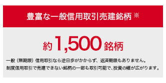 豊富な一般信用取引売建銘柄※ 約1,400銘柄 一般(無期限)信用取引なら逆日歩がかからず、返済期限もありません。制度信用取引で売建できない銘柄の一部も取引可能で、投資の幅が広がります。