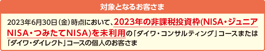 対象となるお客さま:2023年6月30日(金)時点において、2023年の非課税投資枠(NISA・ジュニアNISA・つみたてNISA)を未利用の「ダイワ・コンサルティング」コースまたは「ダイワ・ダイレクト」コースの個人のお客さま