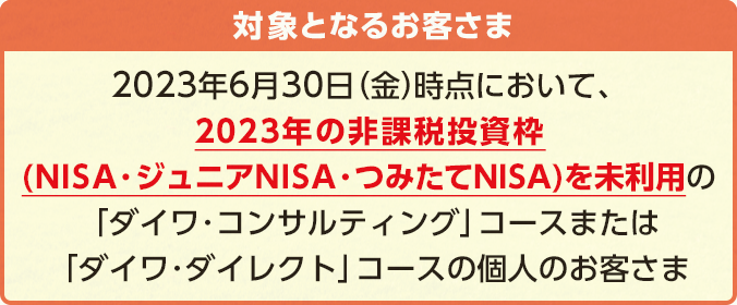 対象となるお客さま:2023年6月30日(金)時点において、2023年の非課税投資枠(NISA・ジュニアNISA・つみたてNISA)を未利用の「ダイワ・コンサルティング」コースまたは「ダイワ・ダイレクト」コースの個人のお客さま