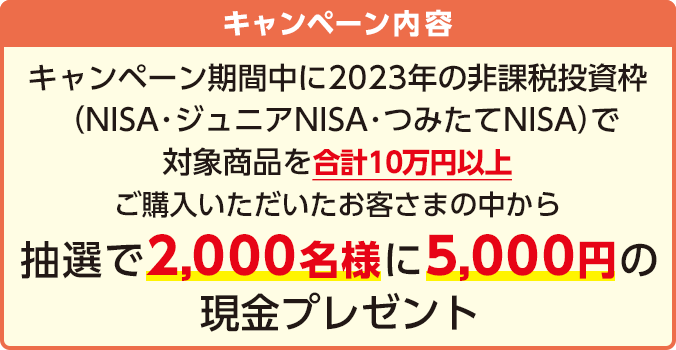 キャンペーン内容:キャンペーン期間中に2023年の非課税投資枠(NISA・ジュニアNISA・つみたてNISA)で対象商品を合計10万円以上ご購入いただいたお客さまの中から抽選で2,000名様に5,000円の現金プレゼント