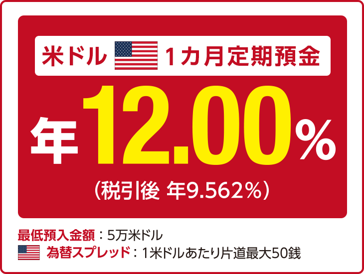 米ドル1カ月定期預金 年12.00％（税引後 年9.562％）