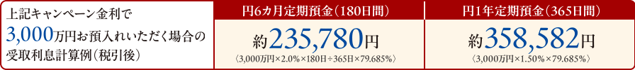 上記キャンペーン金利で3,000万円お預入れいただく場合の受取利息計算例（税引後）