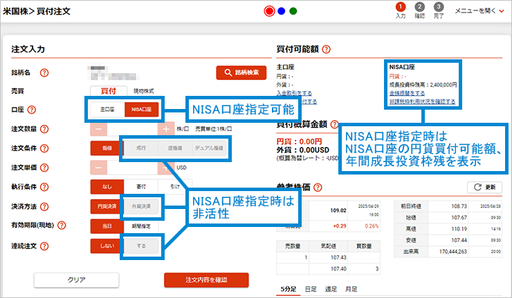 米国株>注文画面(買付・売付) NISA口座指定可能 NISA口座指定時は非活性 NISA口座指定時はNISA口座の円貨買付可能額、年間成長投資枠残を表示