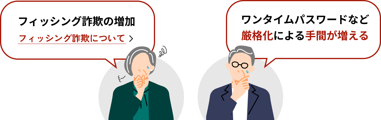 フィッシング詐欺の増加。ワンタイムパスワードなど厳格化による手間が増える