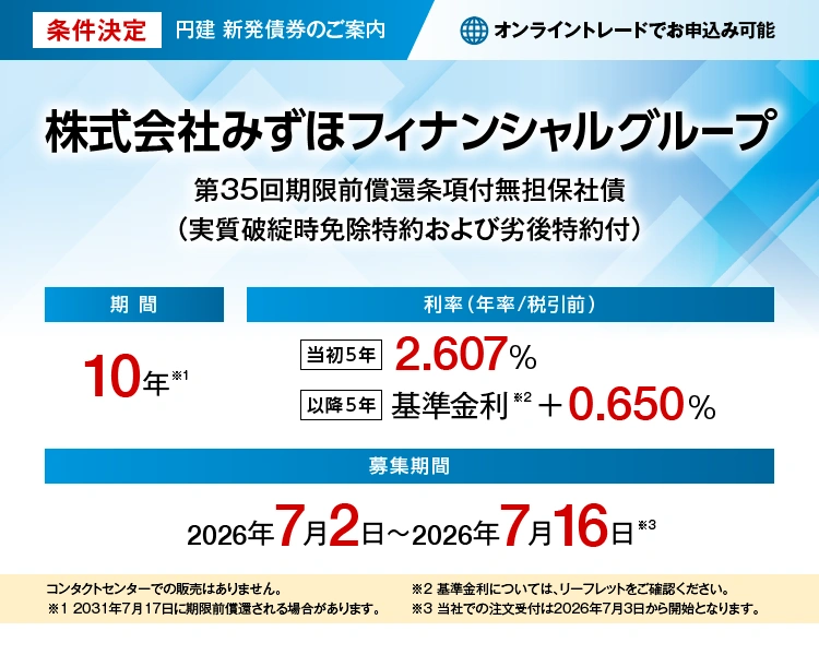 株式会社みずほフィナンシャルグループ第35回期限前償還条件付無担保社債、条件決定
