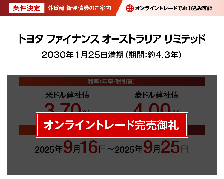 条件決定 外貨建新発債券のご案内 トヨタ ファイナンス オーストラリア リミテッド 2030年1月25日満期（期間:約4.3年）完売御礼