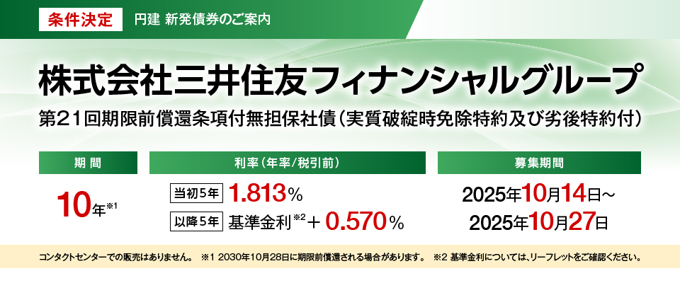 条件決定 株式会社三井住友フィナンシャルグループ 第21回期限前償還条項付無担保社債（実質破綻時免除特約および劣後特約付）