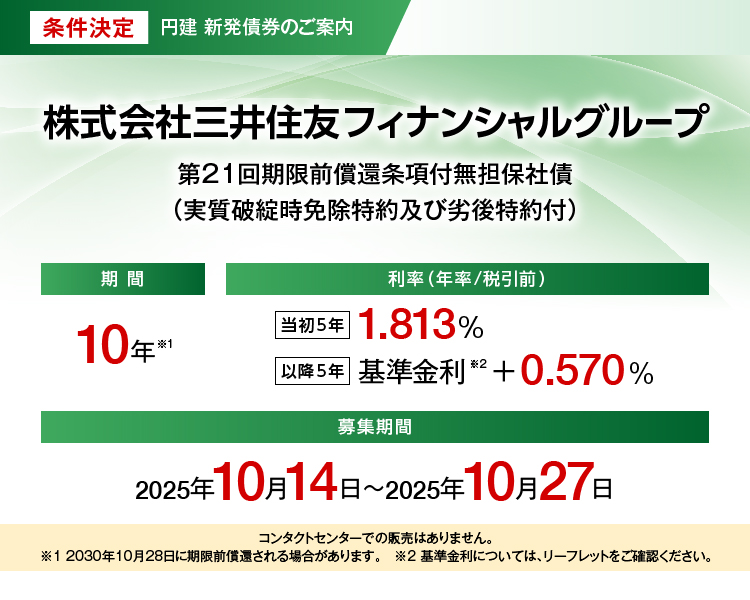 条件決定 株式会社三井住友フィナンシャルグループ 第21回期限前償還条項付無担保社債（実質破綻時免除特約および劣後特約付）