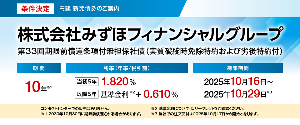 条件決定 株式会社みずほフィナンシャルグループ 第33回期限前償還条項付無担保社債（実質破綻時免除特約および劣後特約付）