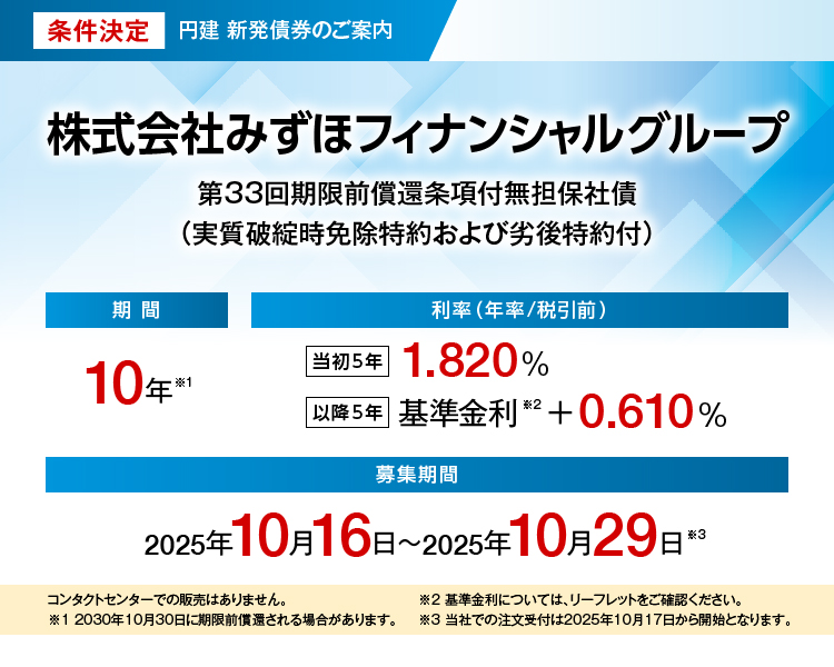 条件決定 株式会社みずほフィナンシャルグループ 第33回期限前償還条項付無担保社債（実質破綻時免除特約および劣後特約付）