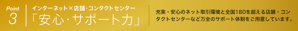 Point 3 インターネット×店舗・コンタクトセンター 「安心・サポート力」 充実・安心のネット取引環境と全国180を超える店舗・コンタクトセンターなど万全のサポート体制をご用意しています。