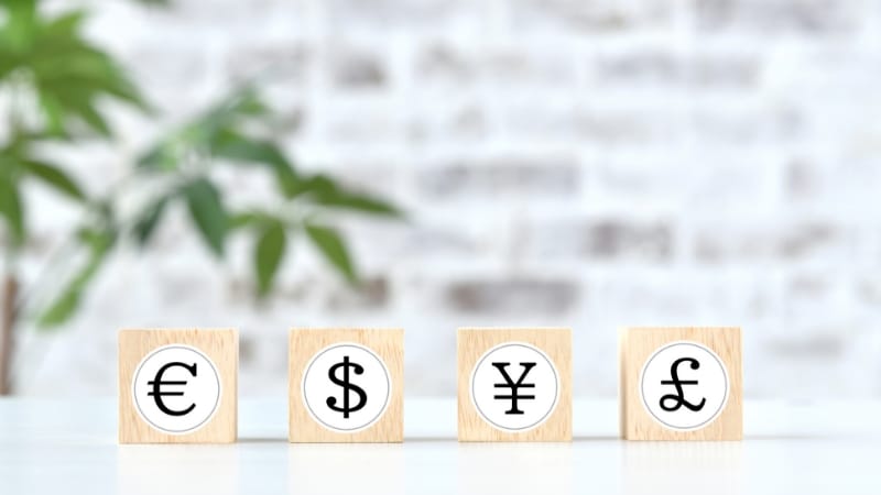 通貨が描かれた積み木