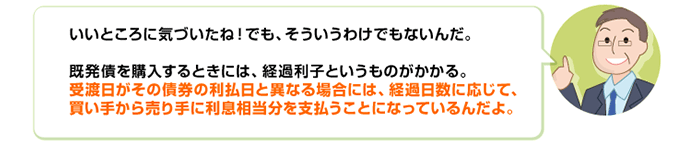 いいところに気づいたね!でも、そういうわけでもないんだ。既発債を購入するときには、経過利子というものがかかる。受渡日がその債券の利払日と異なる場合には、経過日数に応じて、買い手から売り手に利息相当分を支払うことになっているんだよ。