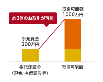 委託保証金(現金、有価証券等) 手元資金300万円 約3倍のお取引が可能 取引可能額 取引可能額1,000万円