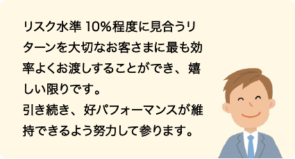 リスク水準10%程度に見合うリターンを大切なお客さまに最も効率よくお渡しすることができ、嬉しい限りです。引き続き、好パフォーマンスが維持できるよう努力して参ります。