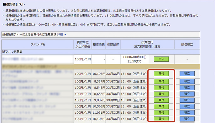 STEP2 投信銘柄リストから購入する銘柄の買付画面へと進みます。