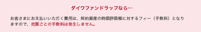 ダイワファンドラップなら… お客さまにお支払いいただく費用は、契約資産の時価評価額に対するフィー(手数料)となりますので、売買ごとの手数料は発生しません。