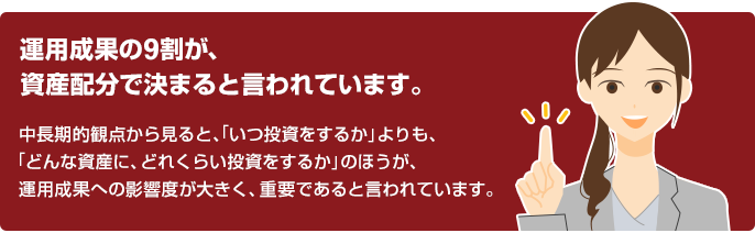 運用成果の9割が、資産配分で決まると言われています。 中長期的観点から見ると、「いつ投資をするか」よりも、「どんな資産に、どれくらい投資をするか」のほうが、運用成果への影響度が大きく、重要であると言われています。