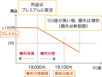 損益(縦軸) SQ値(横軸) +100円 プレミアム 19,000円 権利行使価格 利益はプレミアムに限定 権利消滅 権利行使 0円 15,100円 損益分岐点 SQ値が高い程、損失は増加(損失は無制限)