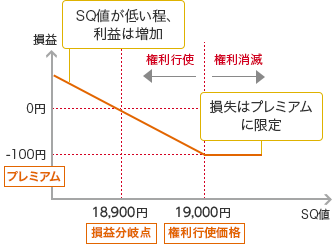 損益(縦軸) SQ値(横軸) SQ値が低い程、利益は増加 0円 14,900円 損益分岐点 -100円 プレミアム 19,000円 権利行使価格 権利行使 権利消滅 損失はプレミアムに限定