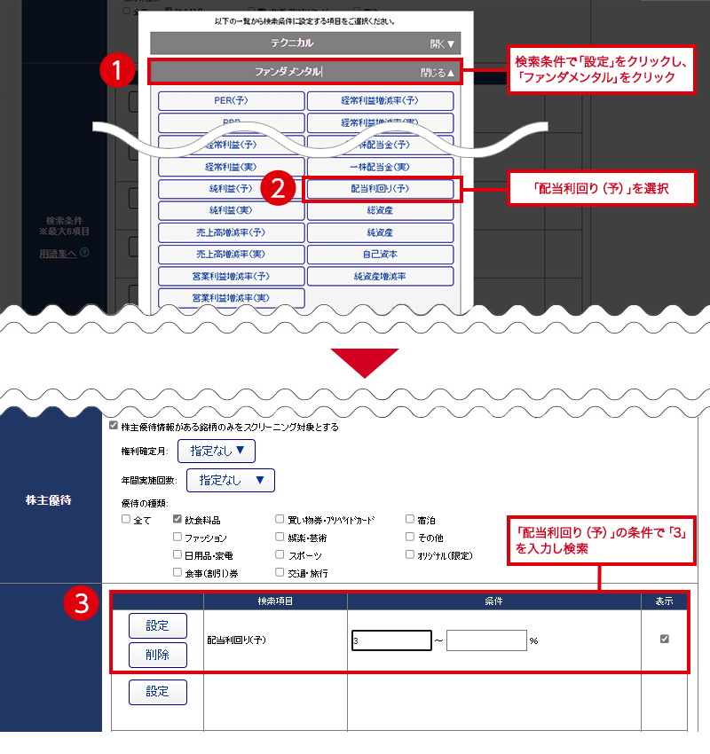 1.検索結果で「設定」をクリックし、「ファンダメンタル」をクリック 2.「配当利回り(予)」を選択 3.配当利回り(予)の条件で、「3」を入力し検索