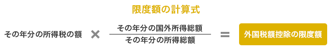 限度額の計算式 その年分の所得税の額 × (その年分の所得総額 / その年分の国外所得総額) = 外国税額控除の限度額